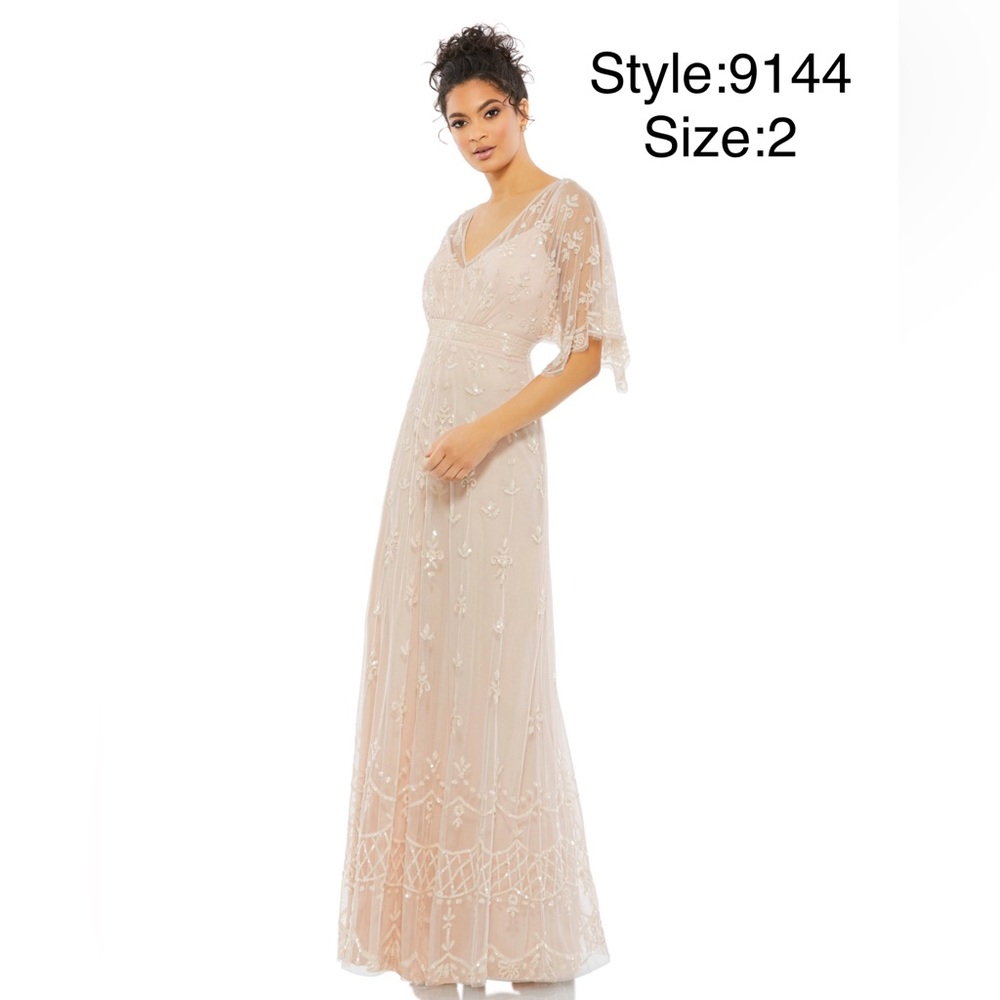 V neck flutter sleeve embellished mesh gown